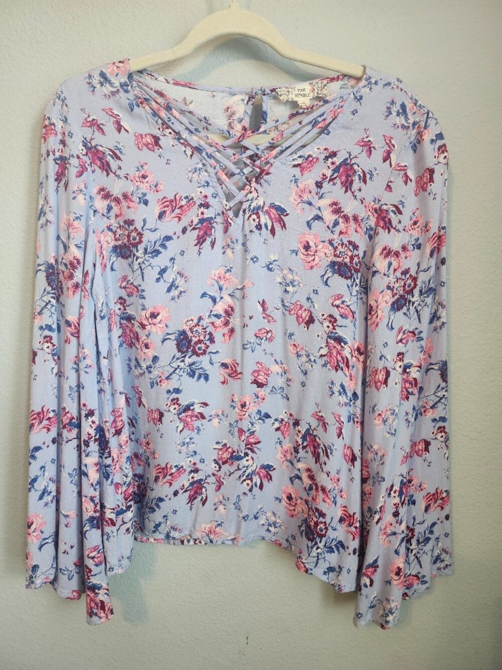 Pink Republic Floral Criss Cross Long Sleeve Blouse Top Size L